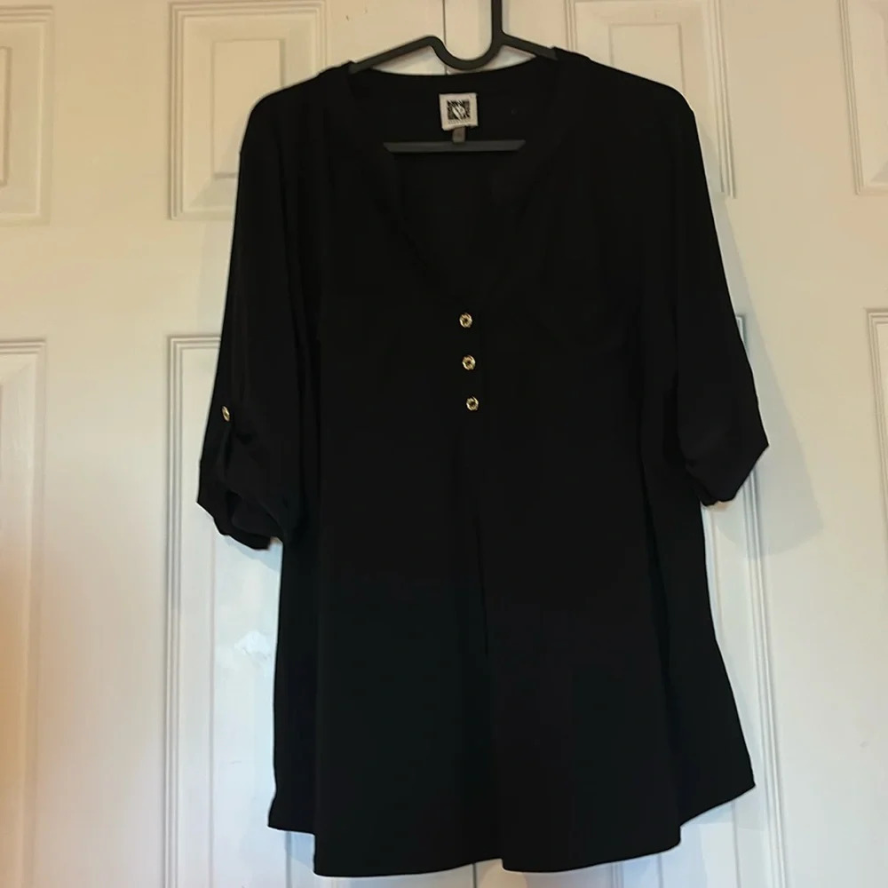 Anne Klein black military short sleeve blouse Sz L